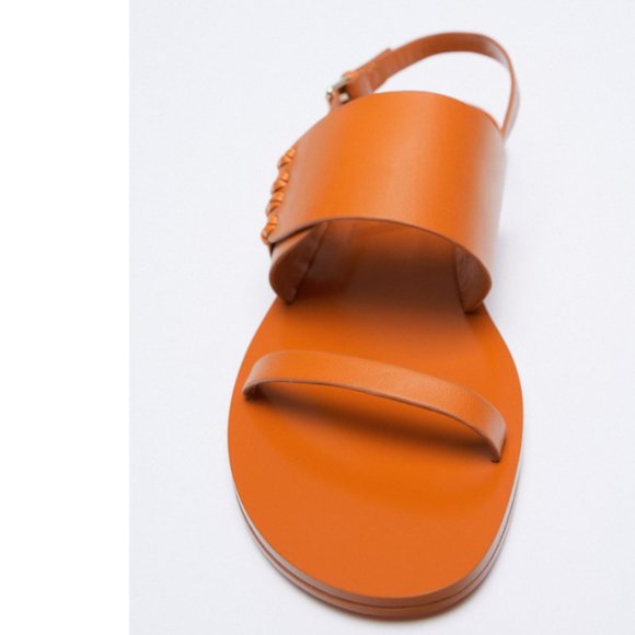 ZARA 100% LEATHER ORANGE KNOTTED FLAT LEATHER SANDALS - Picture 9 of 9